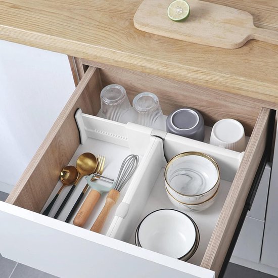 Posity Séparateur de tiroirs - réglable et extensible - 4 pièces - Organisateur de tiroirs - 38-54 cm - Pour la cuisine, la chambre et les vêtements - Plastique - Blanc