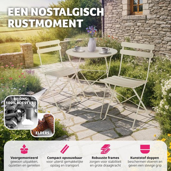 tectake® - Ensemble bistro pliant pour 2 avec structure en acier, table et chaises de jardin - Pour balcon et terrasse - Ensemble extérieur - Ensemble de jardin - Table et chaises pliantes - design élégant - crème