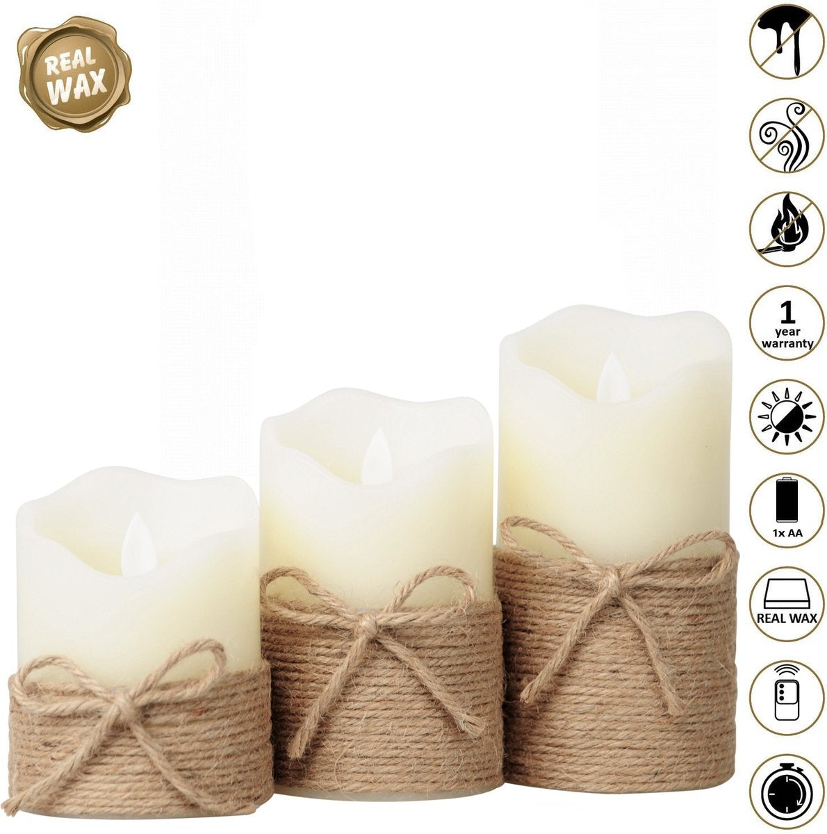 O'DADDY® LED Candles With Moving Flame - Set 3 sizes 10+12.5+15cm 8d - With Timer and Dimmer Function - LED Candles With Remote Control - Rope (Bougies LED avec télécommande)