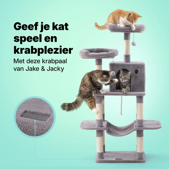 Jake et Jacky : Arbre à chat - Arbre à chat - Meuble à griffer - Arbre à chat - Arbres à chat - Maison pour chat - Gris clair - 147 cm de haut