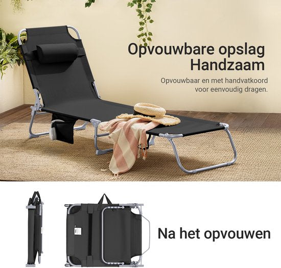 Chaise longue pliable SoBuy, chaise longue de jardin réglable avec appui-tête et sac de rangement, chaise de détente ergonomique pour l'extérieur, le jardin, le balcon et la terrasse, noire, OGS35-SCH