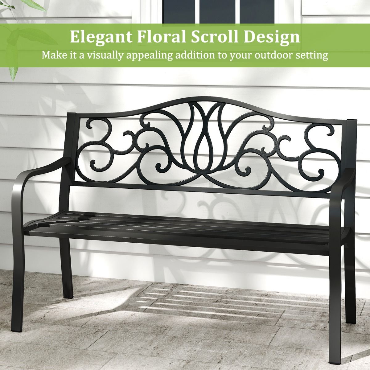 coast Garden Bench Black - dossier en fonte avec motif floral - 127 x 61 x 89 cm - Banc de terrasse 2-3 personnes avec accoudoirs