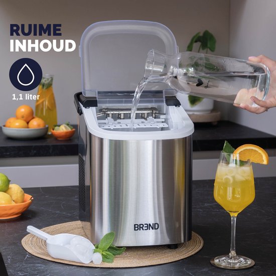 BREND BR-2213 Machine à glaçons avec cuillère et plateau d'égouttage - Grands L ou petits S glaçons - Machine à glaçons portable - 10 kg en 24 heures - Argenté