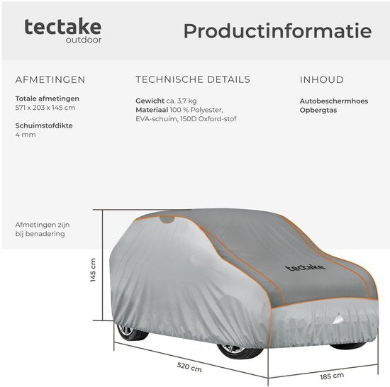 tectake® Car Cover - Voile de voiture extérieure - Protection contre la grêle - Couverture imperméable avec 3 sangles ajustables - Respirante - Housse de protection de voiture avec sac de rangement - Compatible avec de nombreux modèles - Taille (LxLxH) 52