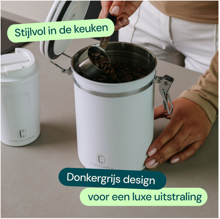 Boîte de conservation pour café Castagnola – 1,8 litre / 600 g – Boîte hermétique pour café avec évacuation de CO₂ et suivi de la date – Acier inoxydable – Blanc cassé