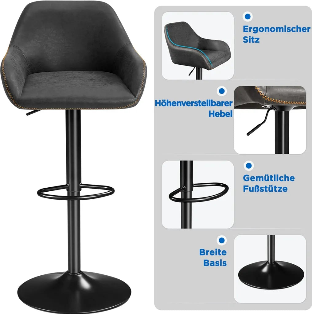 Yaheetech Barstools Set of 2 - Black Faux Leather - Adjustable 87.5-107.5 cm - 360° Rotatable with Backrest and Footrest