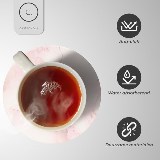 Castagnola Sous-verres en céramique avec support - Sous-verres pour verres - Sous-verres design - Sous-verres - Sous-verres à boire - Céramique - Liège - Lot de 6 - Rose/Blanc