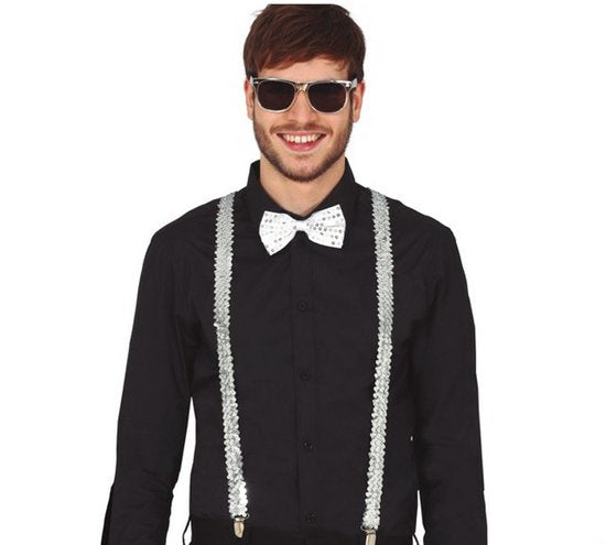 Ensemble de déguisement « Fiestas Guirca » pour le carnaval - bretelles / lunettes de fête / nœud papillon - argenté - adultes