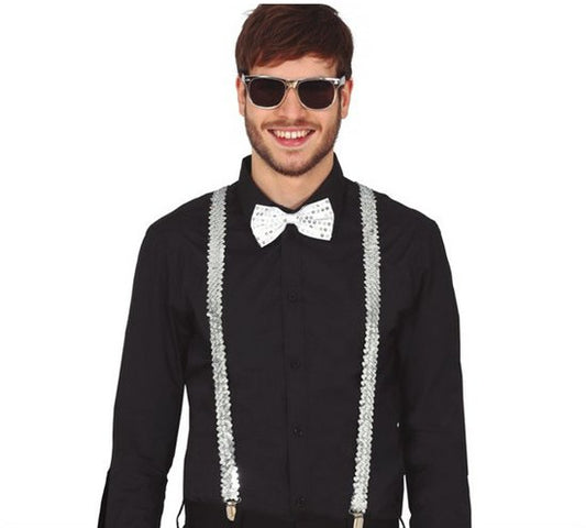 Ensemble de déguisement « Fiestas Guirca » pour le carnaval - bretelles / lunettes de fête / nœud papillon - argenté - adultes