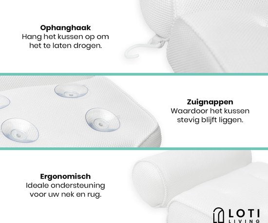 Loti Living Oreiller de bain - Oreiller de bain - Oreiller cervical de bain - Appui-tête de bain - Oreiller de bain avec ventouses - 6 ventouses - Oreiller cervical ergonomique - Antidérapant - Blanc