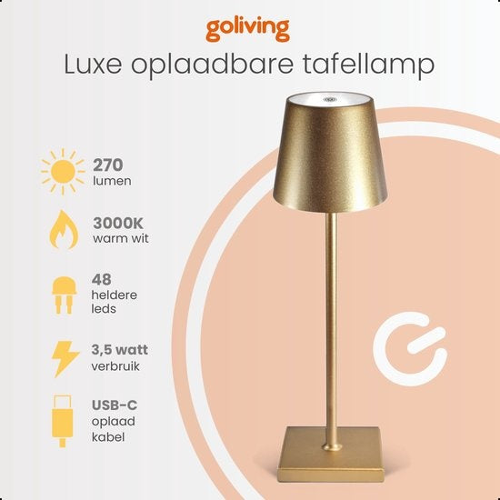 Goliving Lampe à poser Rechargeable - Sans fil et dimmable - Lampe tactile moderne - Lampe de nuit pour chambre à coucher - 38 cm - Or