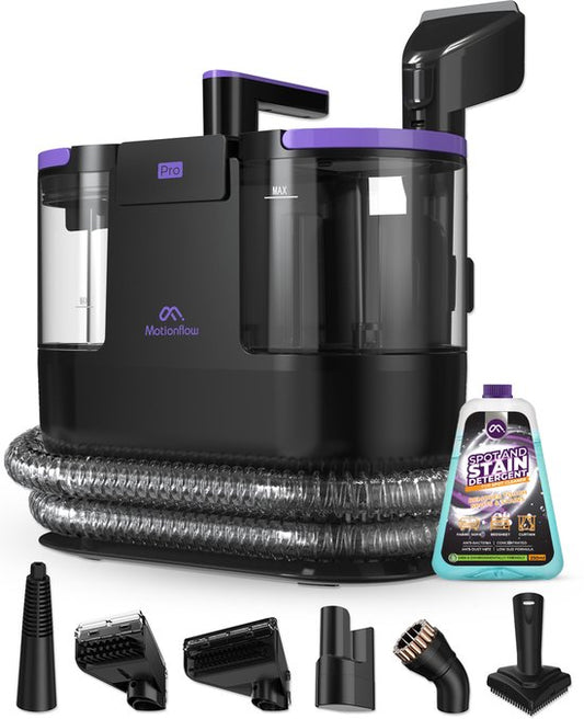 Nettoyeur de tapis PRO Motionflow - Nettoyage en profondeur avec fonction vapeur jusqu'à 100°C - Puissant nettoyeur de taches 1700W - Nettoyage pour sol, canapé, salle de bain et tapis - Produit nettoyant - Noir