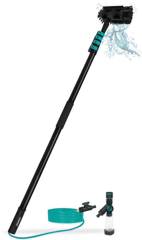 Brosse de lavage télescopique hybride VONROC – Aluminium/carbone 3K – 6,5 m – Avec tête de brosse à 5 pans, tuyau d'arrosage de 9 m et distributeur de savon