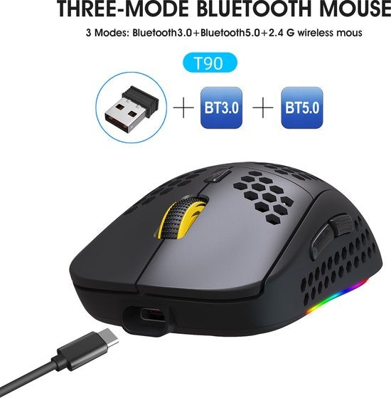 HXSJ T90 Souris de jeu sans fil 2.4G - Bluetooth - Souris d'ordinateur - Ultra légère - Eclairage RVB - Noir