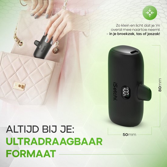 iSetchi Mini Powerbank 5000 mah - Taille compacte - Batterie externe - Câble intégré - Pack d'urgence - Câble Lightning - Affichage LED - Convient à l'iPhone - Noir