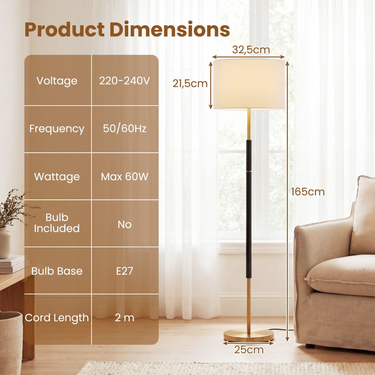 Lampe sur pied Coast - abat-jour en lin - interrupteur au pied - noir - 165 cm