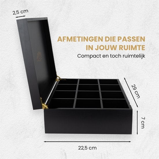 Boîte à thé Nimma - 12 compartiments - Fermeture magnétique - Convient pour Pickwick, Lipton et autres - Noir