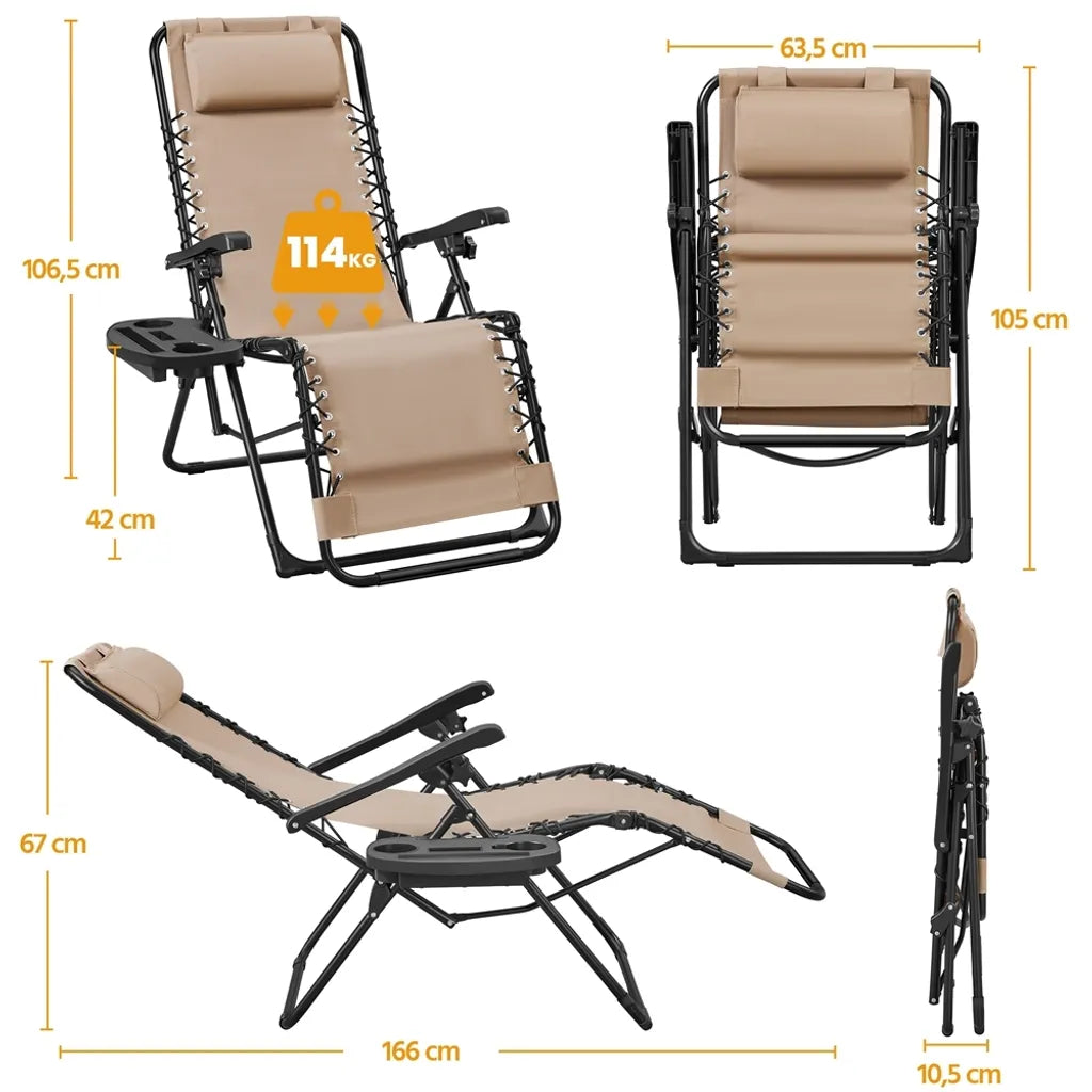 Yaheetech Lot de 2 chaises longues Zero Gravity - Beige - Chaises longues pliables avec oreiller et porte-gobelet