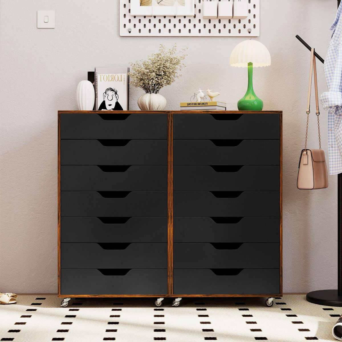 Commode en bois à roulettes Coast avec 7 tiroirs - 49 x 40 x 89 cm - Marron rustique/Noir