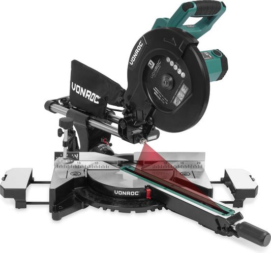 VONROC PRO tronçonneuse - scie d'abattage - scie à onglet - 2200W - Ø255mm - Coupe le bois, le plastique et le métal - Vitesse réglable - Capacité de coupe 340mm - Rallonge de table réglable - Fonction de traction - Inclinable - Butée de longueur - Inclus