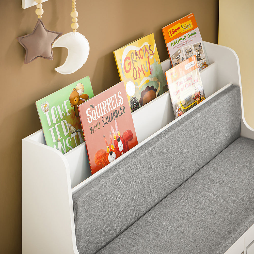 SoBuy Banc de rangement pour enfants avec bibliothèque - 2 Tiroirs - Max. 120 kg - 100 x 45 x 70 cm - Blanc / Gris