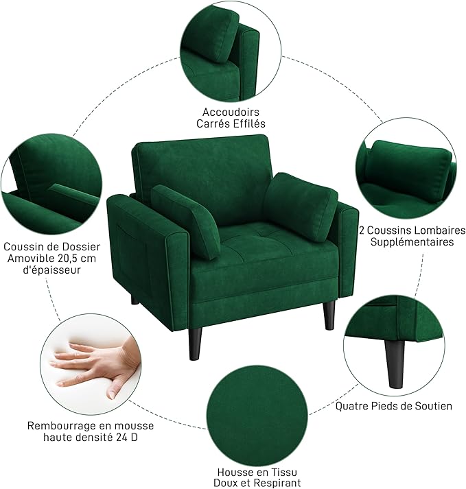 Yaheetech Fauteuil de salon moderne avec accoudoirs et poches Fauteuil de relaxation avec coussins Cadre en bois Fauteuil de chambre en tissu pour salon Vert