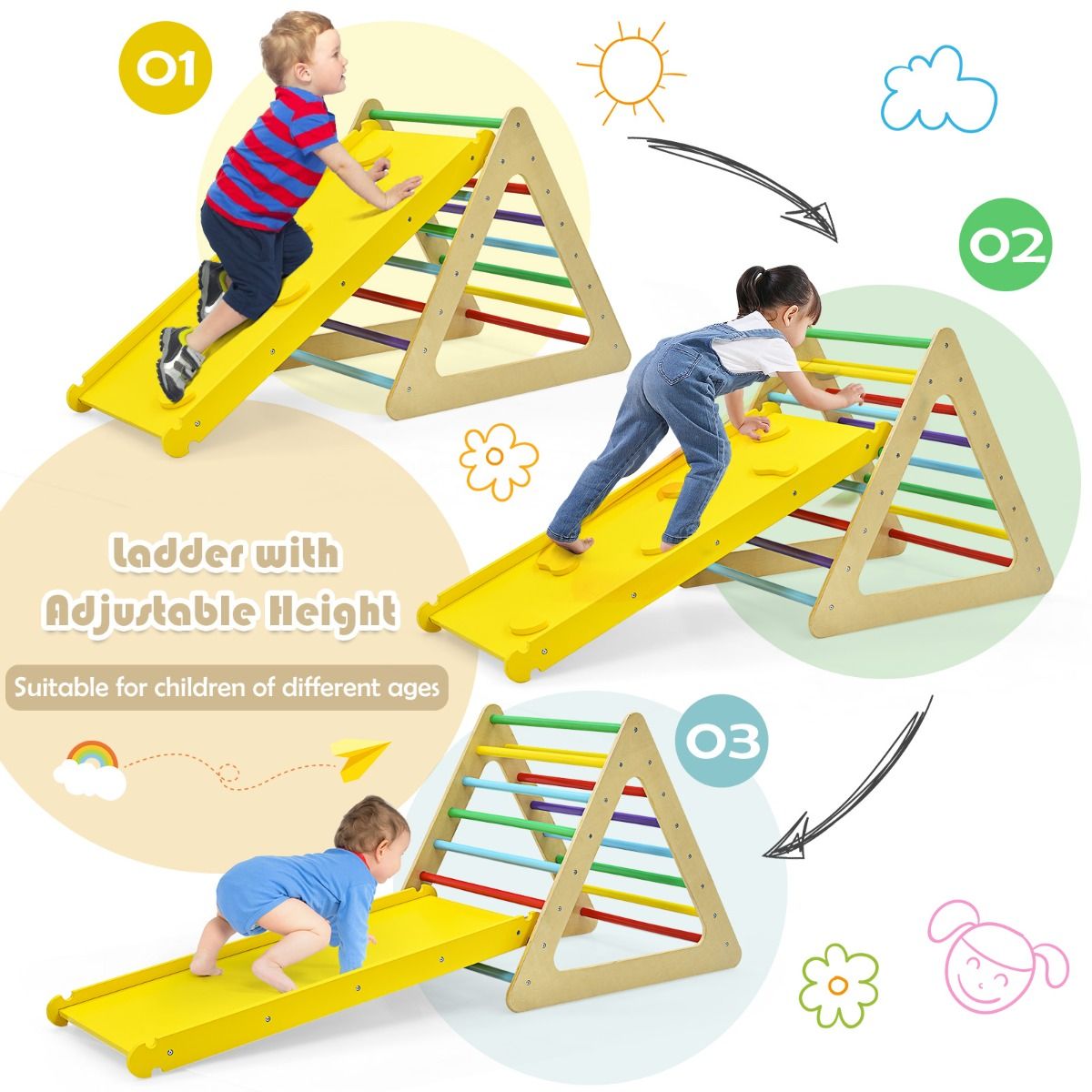 Coast 3-in-1 jouets d'escalade pour enfants - coloré - Grande échelle triangulaire 79.5x59.5x70 cm, Petite échelle triangulaire 59.5x51x45 cm, Rampe d'escalade 110x48x7.5 cm
