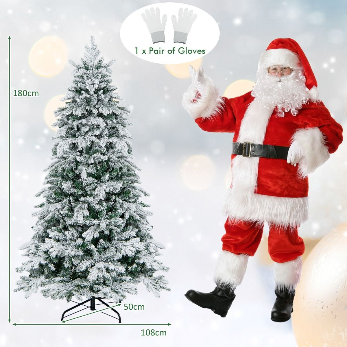 Arbre de Noël artificiel de 180 cm Arbre de Noël floqué avec 1415 branches 260 lumières LED blanc chaud Arbre de Noël illuminé blanc + vert