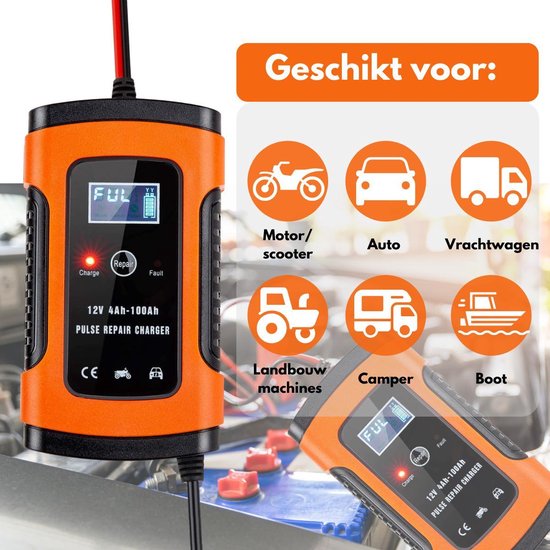 VERTREX Chargeur de batterie - Chargeur de secours - Convient à la moto, à l'auto et au scooter - 12V 6A