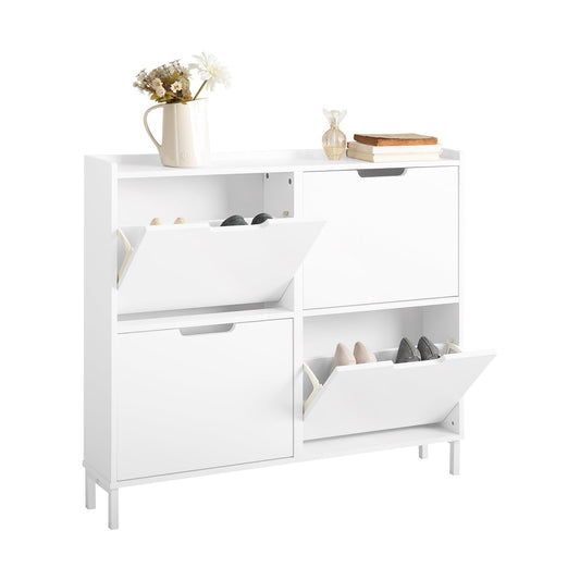 SoBuy FSR100-W Meuble de rangement pour chaussures Meuble de rangement pour chaussures à 4 feuilles Meuble de rangement pour chaussures dans l'entrée - Blanc, 100x19x91cm