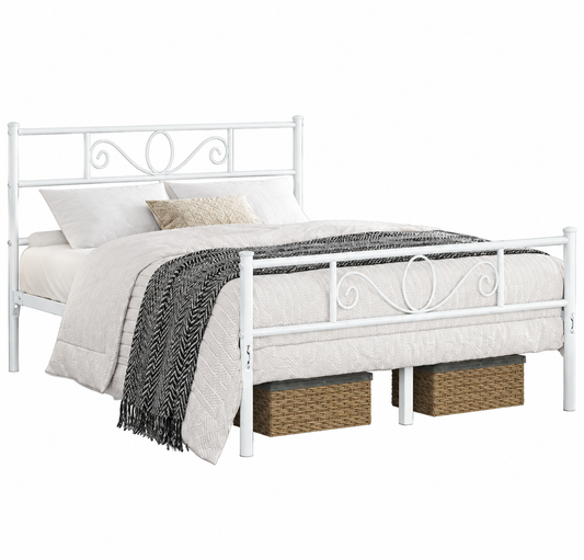 Cadre de lit en métal Yaheetech - Blanc - 206 x 142,5 x 88,5 cm - Matelas 140 x 200 cm - Avec sommier à lattes