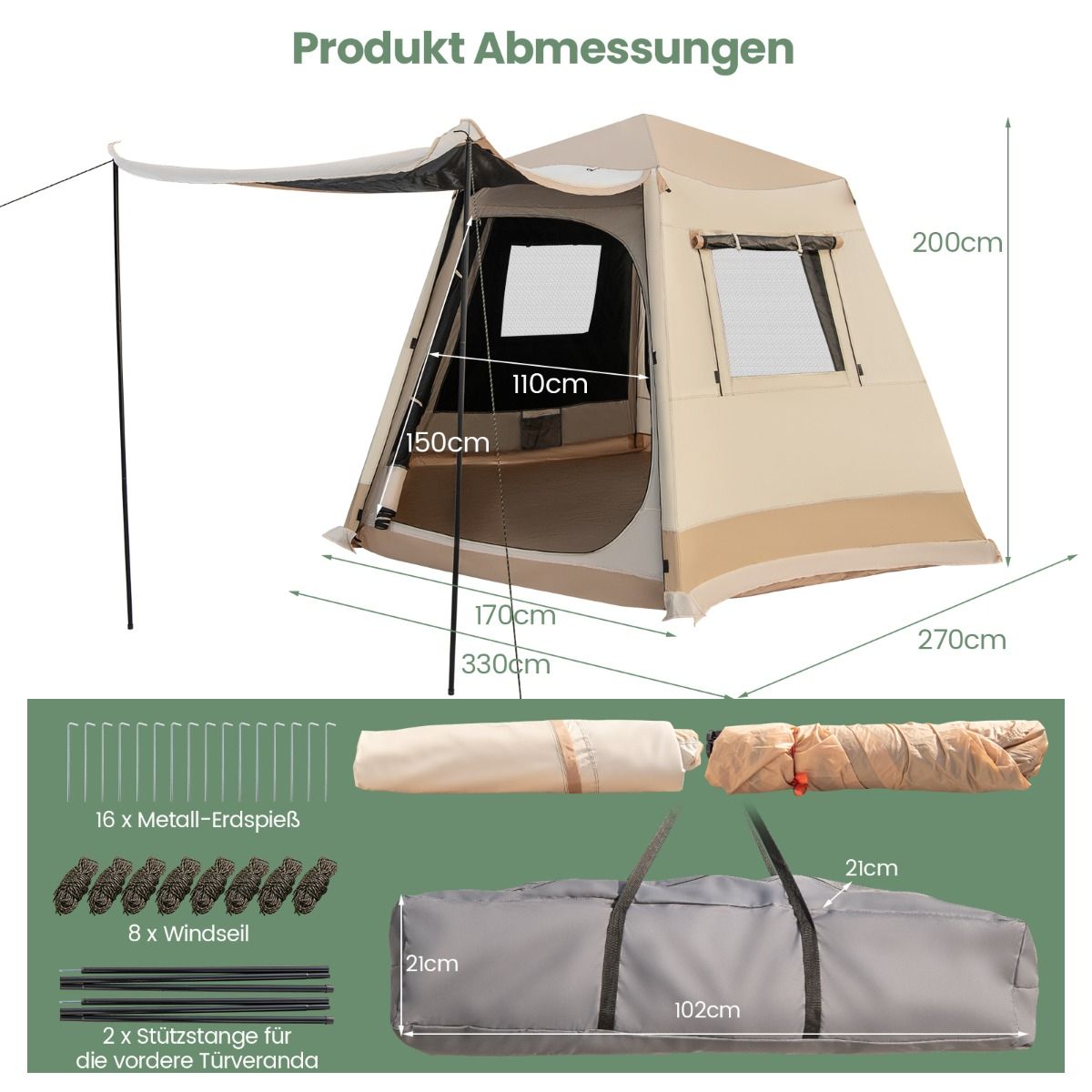Tente de camping éphémère Coast - Montage automatique - Tente cabine à double paroi - Beige 330 x 270 x 200 cm