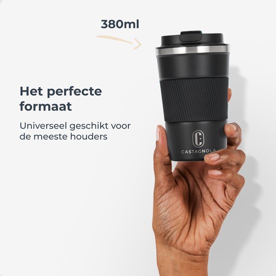 Castagnola Thermos Cup - Coffee Mug To Go - Travel Mug for Coffee and Tea - Tea Mug - 380 ML - stainless steel - Black