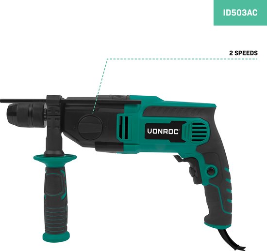 VONROC PRO Perceuse à percussion 1100W - Ø13mm - 2 vitesses - mandrin métallique à serrage rapide - câble caoutchouc 3m - Butée de profondeur et poignée additionnelle incluses