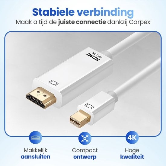 Garpex® Câble Mini DisplayPort vers HDMI - Câble Mini DP vers HDMI - Câble HDMI - 4K 30Hz Ultra HD - Blanc - 1,8 mètres