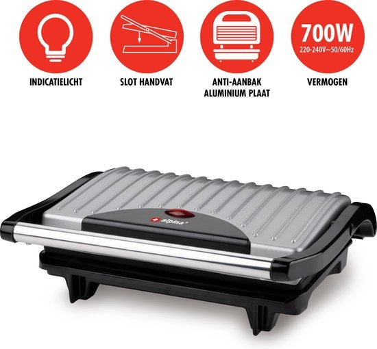 alpina Contact grill - Appareil à toasts - Revêtement antiadhésif - 700W - inox/noir