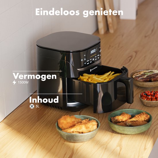 KitchenBrothers Airfryer XL - 5L - 1500W - Friteuse à air chaud - 80ºC à 200ºC - 8 Programmes de cuisson - Noir