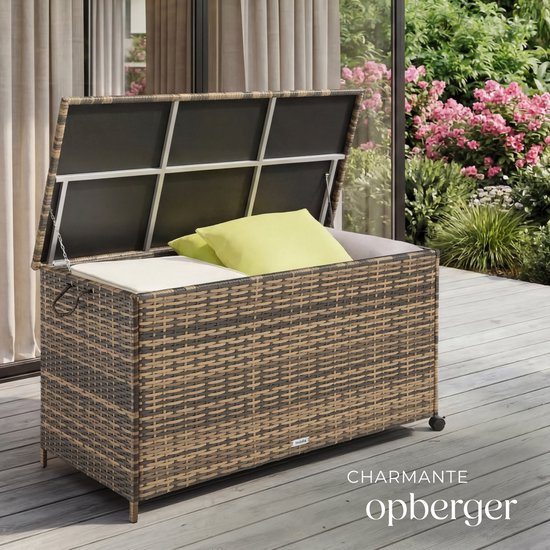 Boîte de rangement en osier tectake® - 253 L - Boîte à coussins d'extérieur - Coffre de jardin - 116 x 54 x 64 cm - Résistant aux intempéries et verrouillable avec couvercle - Mobile - Comprend 2 poignées, 2 roues avec frein et ressorts à gaz - Coffre de