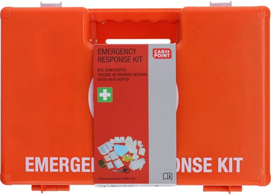 Trousse de premiers secours Carpoint, 166 pièces - DIN 13169 – Pour les secouristes d'entreprise – 2 compartiments principaux et des compartiments plus petits - 33 x 25 x 13 cm