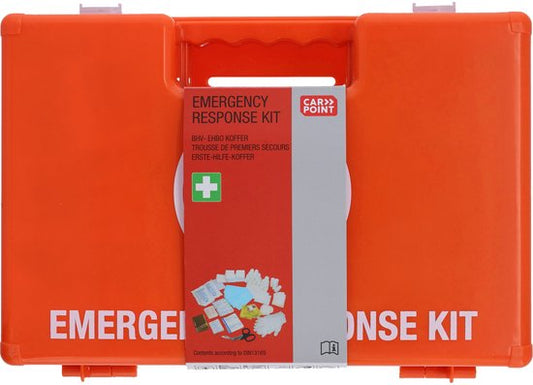 Trousse de premiers secours Carpoint, 166 pièces - DIN 13169 – Pour les secouristes d'entreprise – 2 compartiments principaux et des compartiments plus petits - 33 x 25 x 13 cm