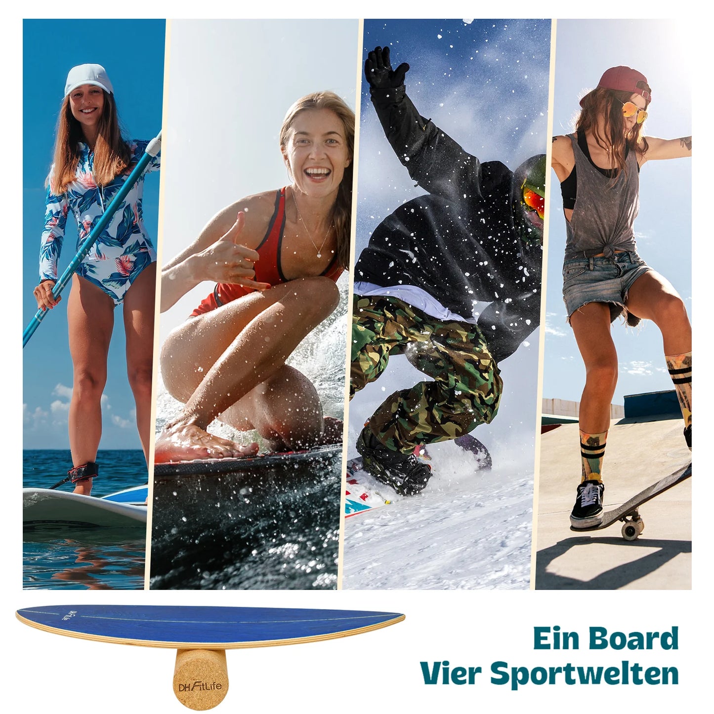 DH FitLife Surfin Balance Board en bois véritable – Planche de surf d'intérieur avec profil « rocker » pour l'équilibre et la coordination