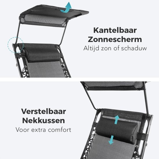 LifeGoods Chaises de jardin pliables - avec auvent - parasol réglable - 2 pièces - 30°-90° réglable - métal - noir