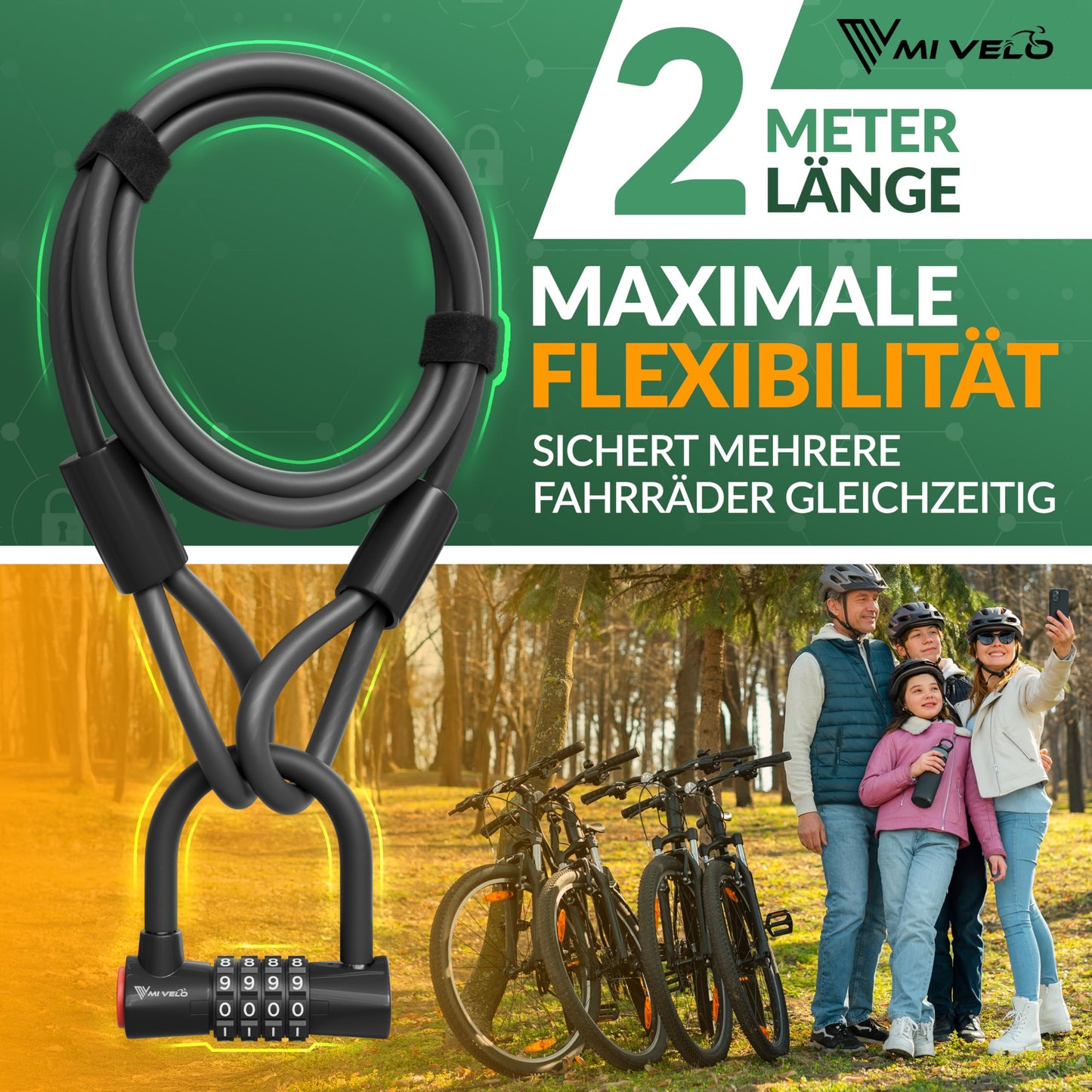 Câble antivol MIVELO - antivol de vélo à code - câble en acier de 200 cm - combinaison à 4 chiffres
