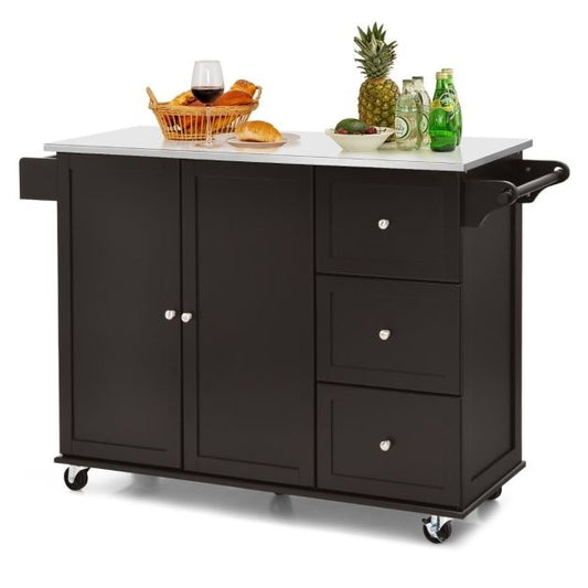 Coast Kitchen trolley chariot de service - acier inoxydable - îlot de cuisine avec 3 tiroirs - 135 x 45,5 x 91,5 cm - Brun/Blanc/Noir
