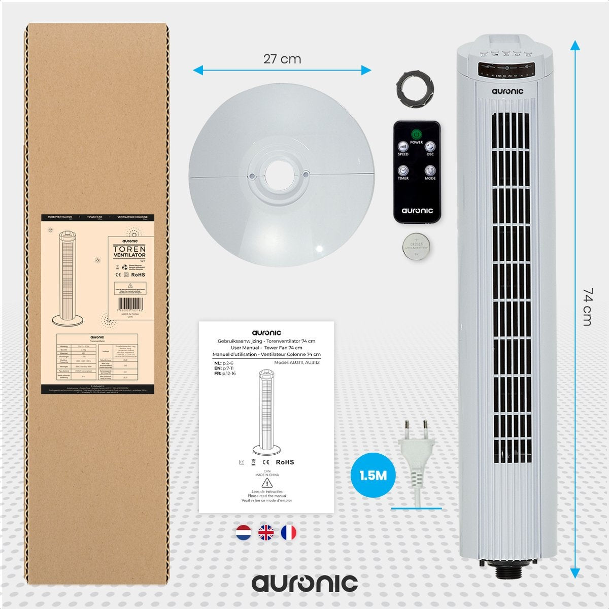 Auronic Tower Fan - Ventilateur sur pied télécommandé - Minuterie - 50W - 45dB - 74cm - Blanc