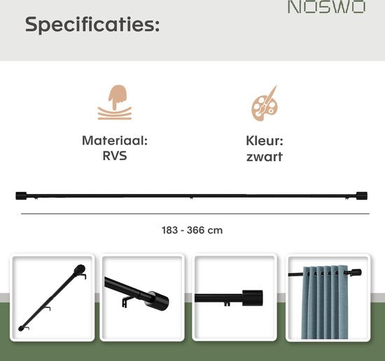Noswo Tringle à rideaux - Extensible - 183 à 366 cm - Tringle à rideaux - Tringle à rideaux complète - Métal - 300cm - Noir