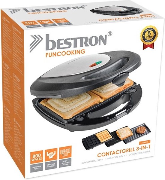Appareil à croque-monsieur Bestron - ASM8010 - 760 W - 3-en-1 : croque-monsieur, gaufres et grillades - Revêtement antiadhésif - Gris - Garantie 5 ans