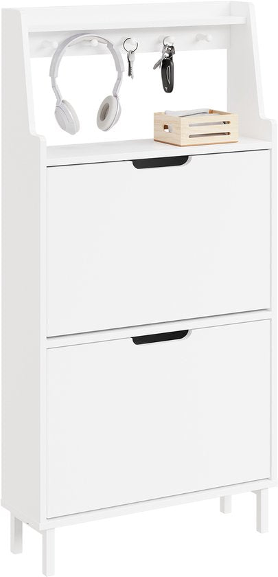 Armoire à chaussures SoBuy, extra-plate 19 cm - rangement jusqu'à la pointure 47 - avec crochets et étagère ouverte, pour petits logements, couloir, entrée - blanche, 60 x 19 x 119 cm, FSR221-W