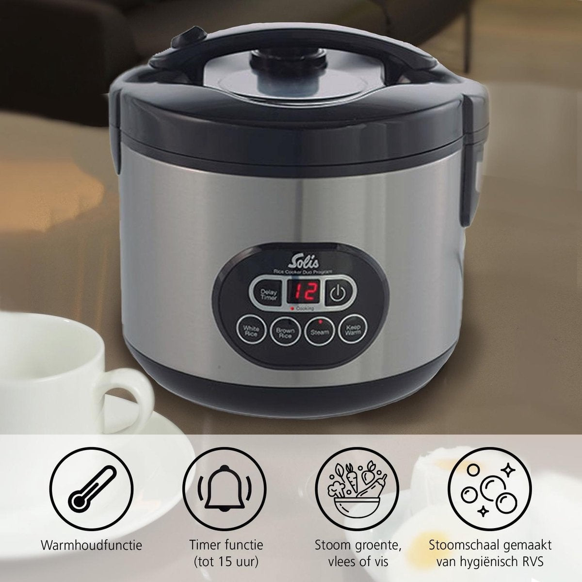 Solis Rice Cooker Duo Programm 817 - Cuiseur de riz et cuiseur vapeur - Cuiseur vapeur de légumes - Argent
