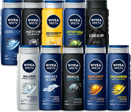 NIVEA MEN Active Clean Shower Gel - Gel douche 3-en-1 avec charbon naturellement actif - Shampooing - Prepack - 6 x 500 ml